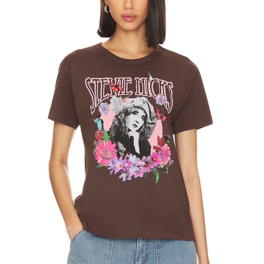 DAYDREAMER Stevie Nicks Flower Collage Ringer Tee Coffee Quartz Small S
